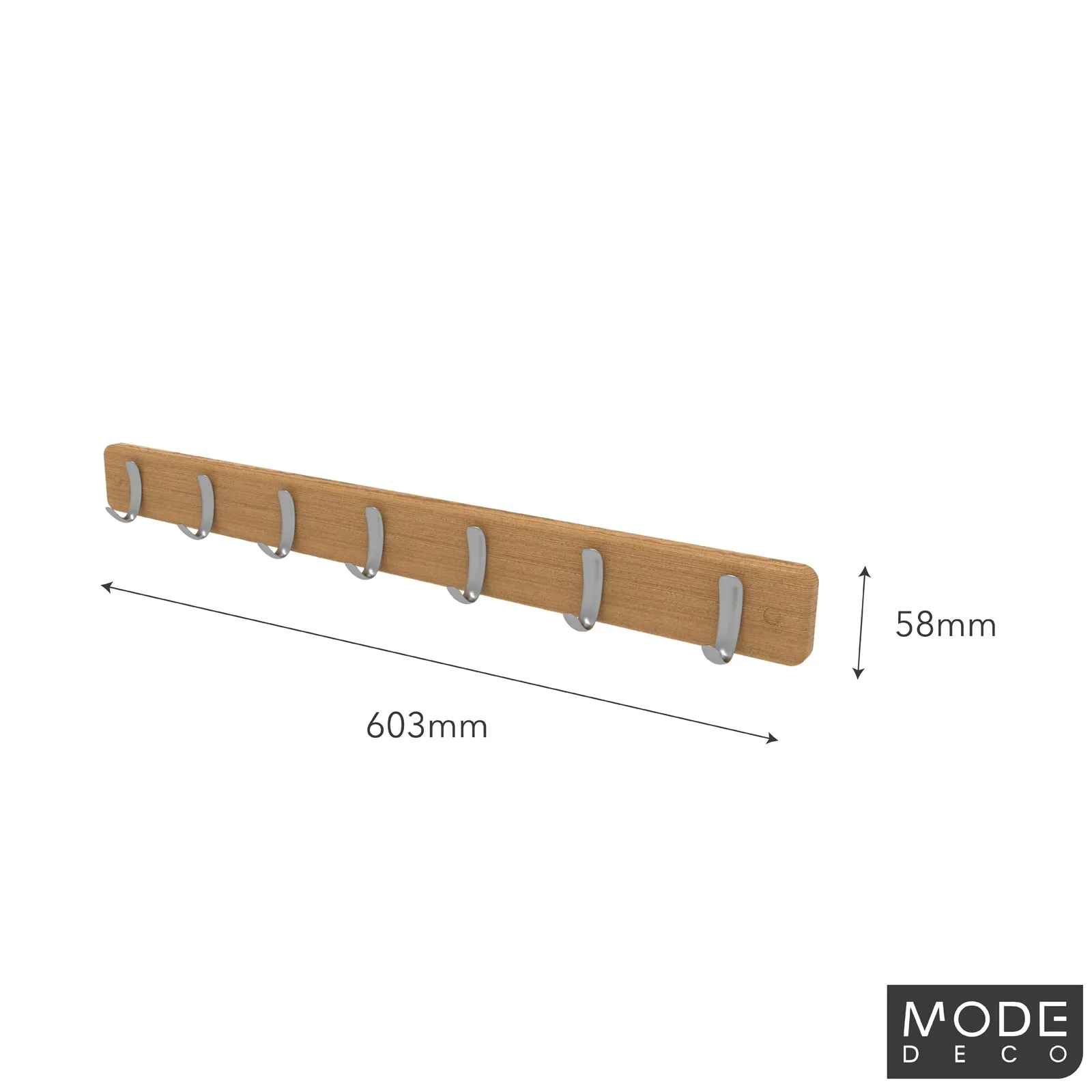 7 Chrome Hooks on Bamboo Board Hook Rack