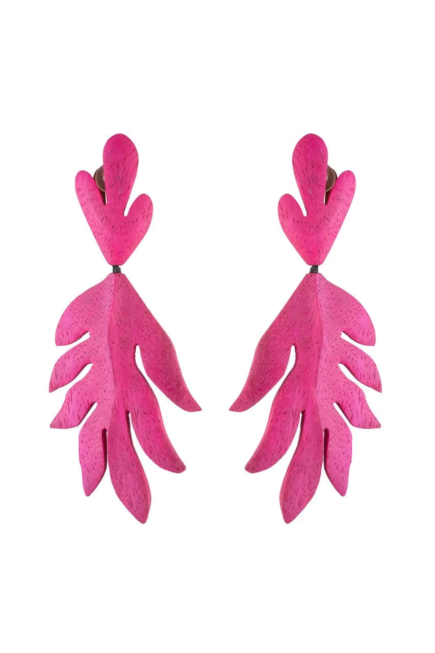 Acacia Wood Pink Leaf Clip Earrings