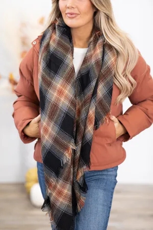 Black and Rust Plaid Fringe Trim Blanket Scarf