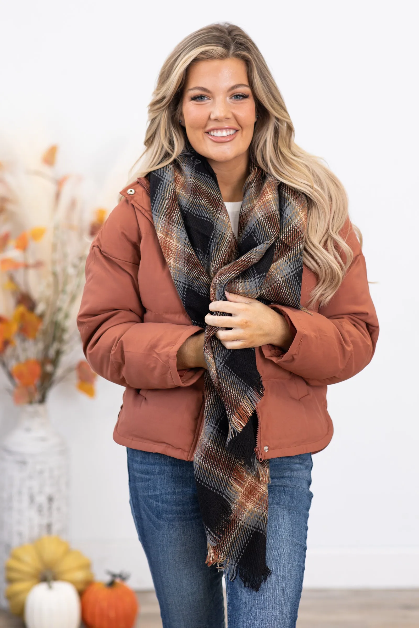 Black and Rust Plaid Fringe Trim Blanket Scarf