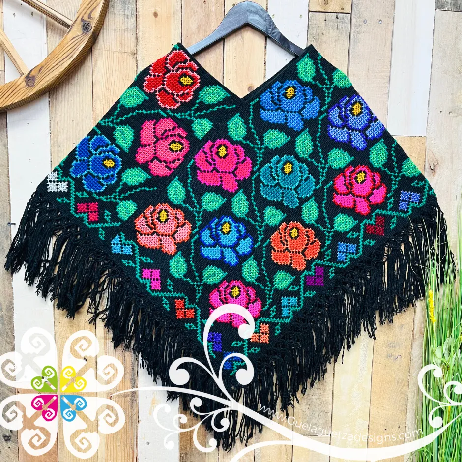 Black Roses Design Embroider Poncho - Mañanita