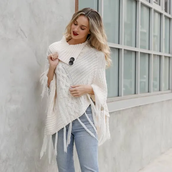 Bohemian Cable Knit Poncho With Tassels