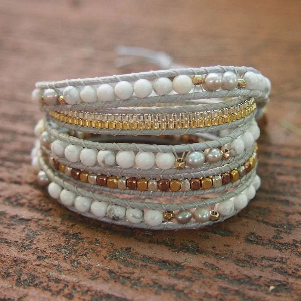 Boho chic White Mixed Howlite Wrap Beadwork Bracelet