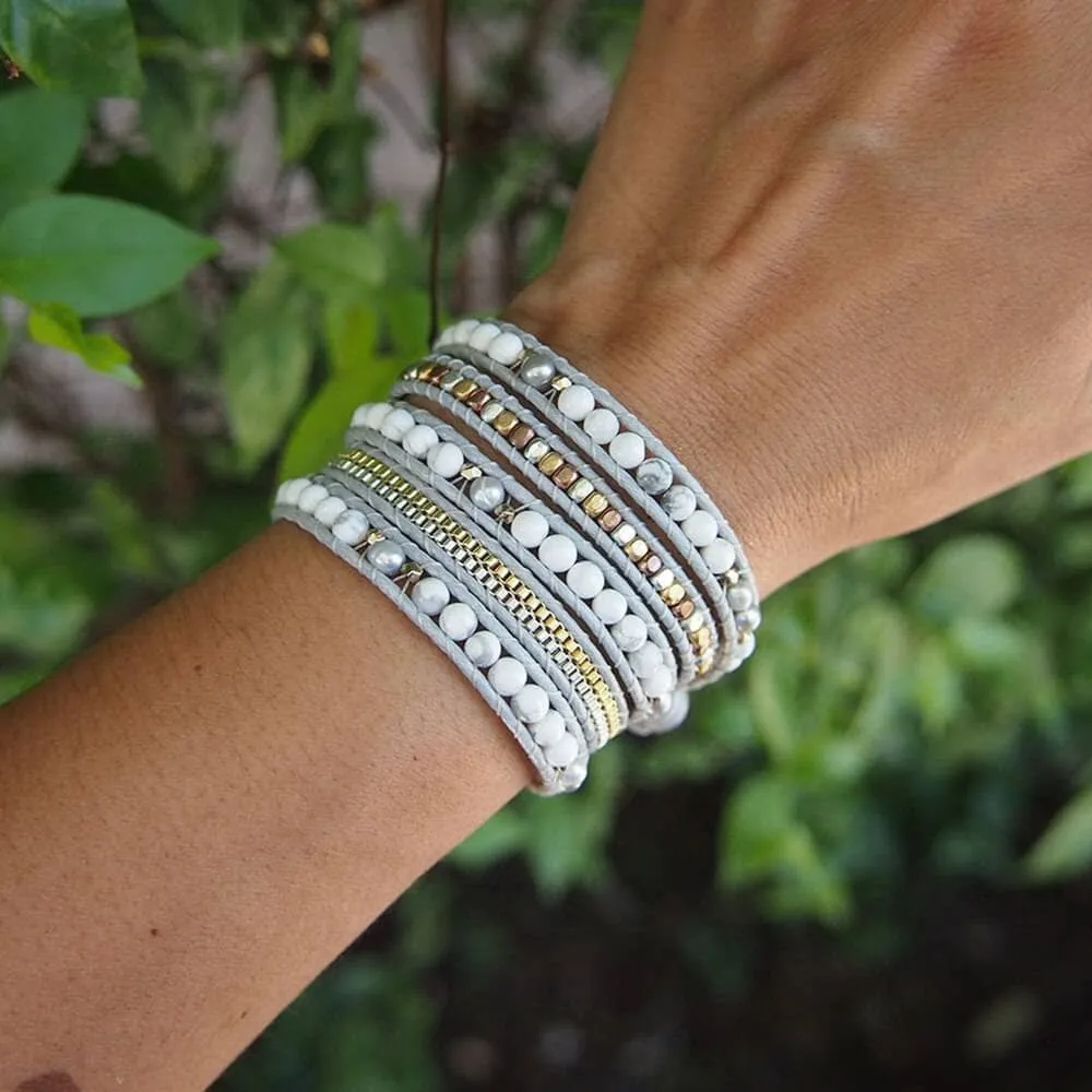 Boho chic White Mixed Howlite Wrap Beadwork Bracelet