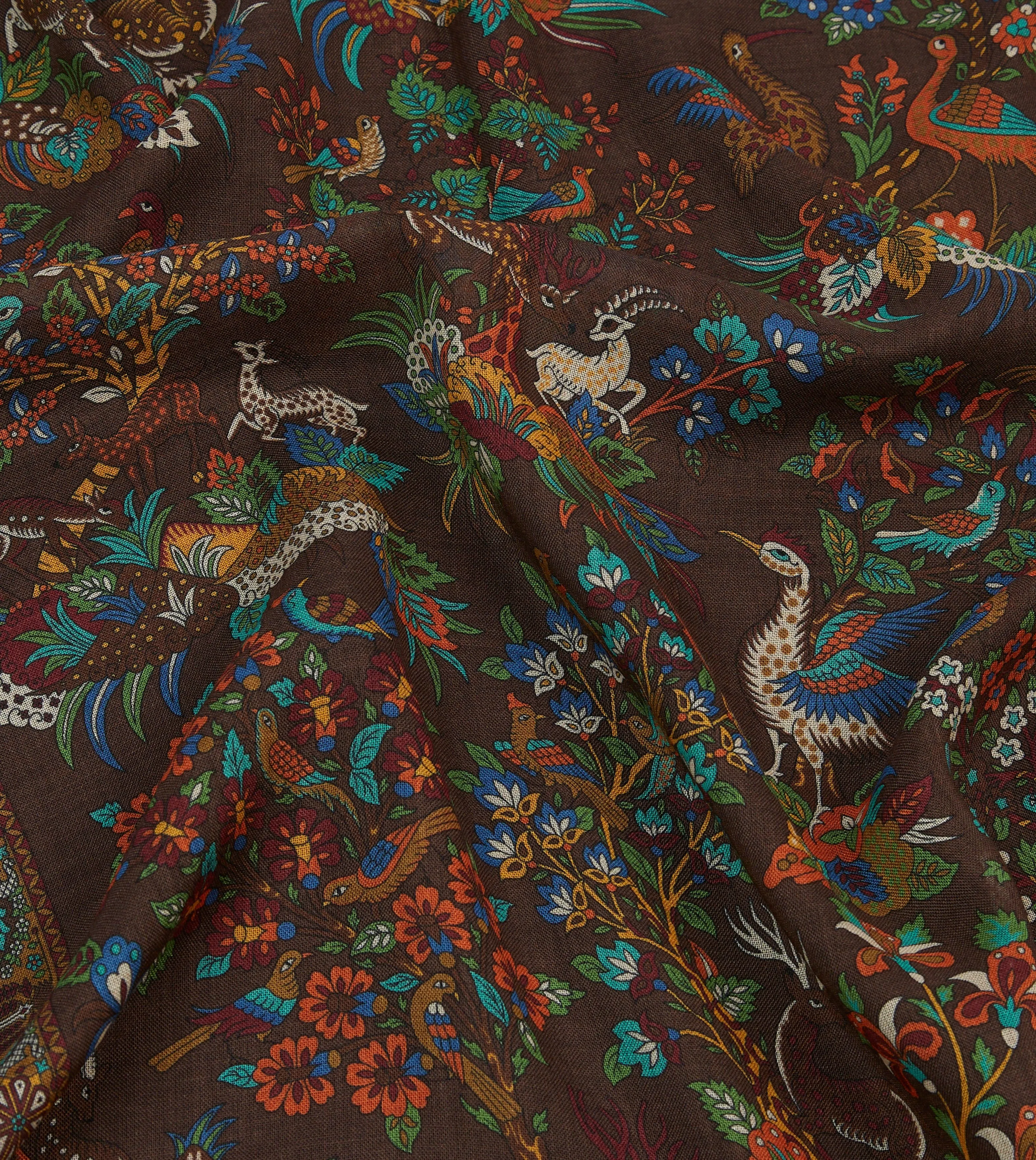 Brown Forest Animals Print Wool-Silk Scarf