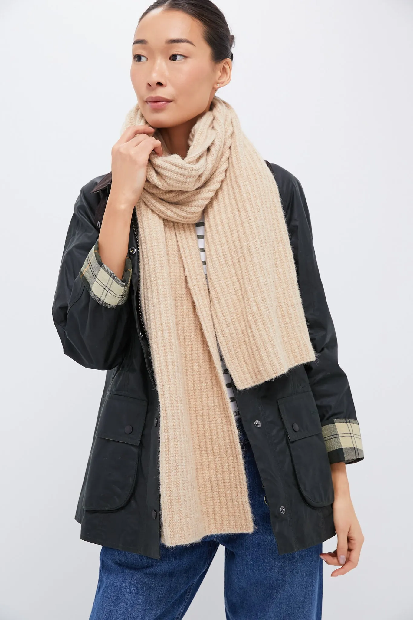 Camel Wool Blend Rib Knit Scarf