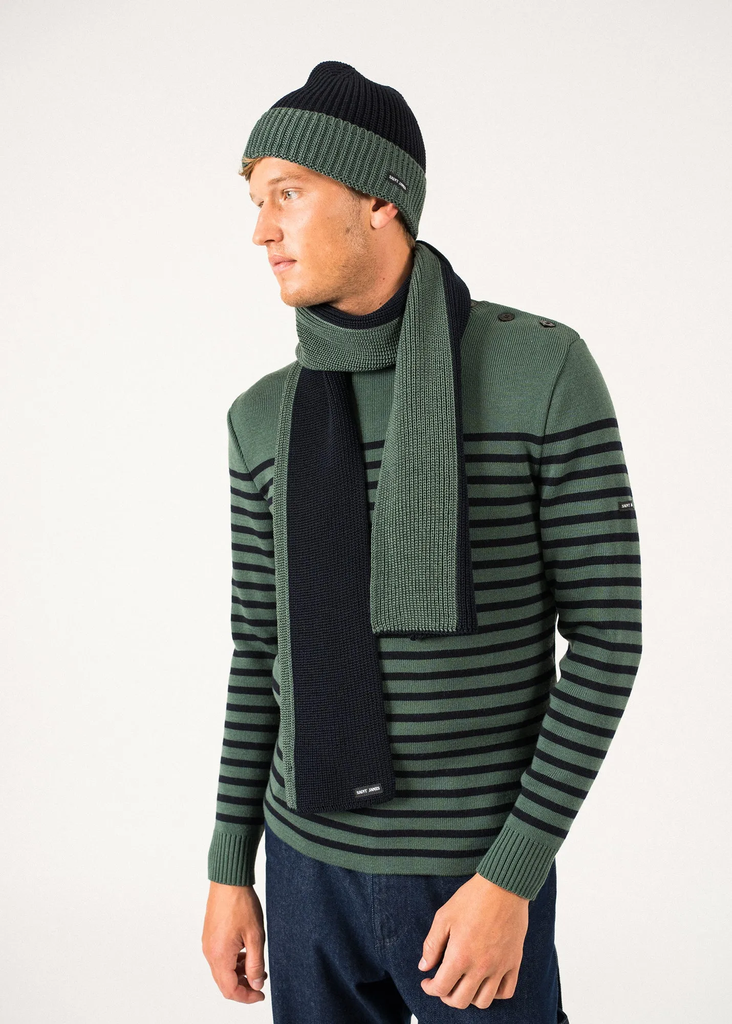 Canoe Two-tone Wool Scarf - in purl knit (NAVY/VEGETAL)