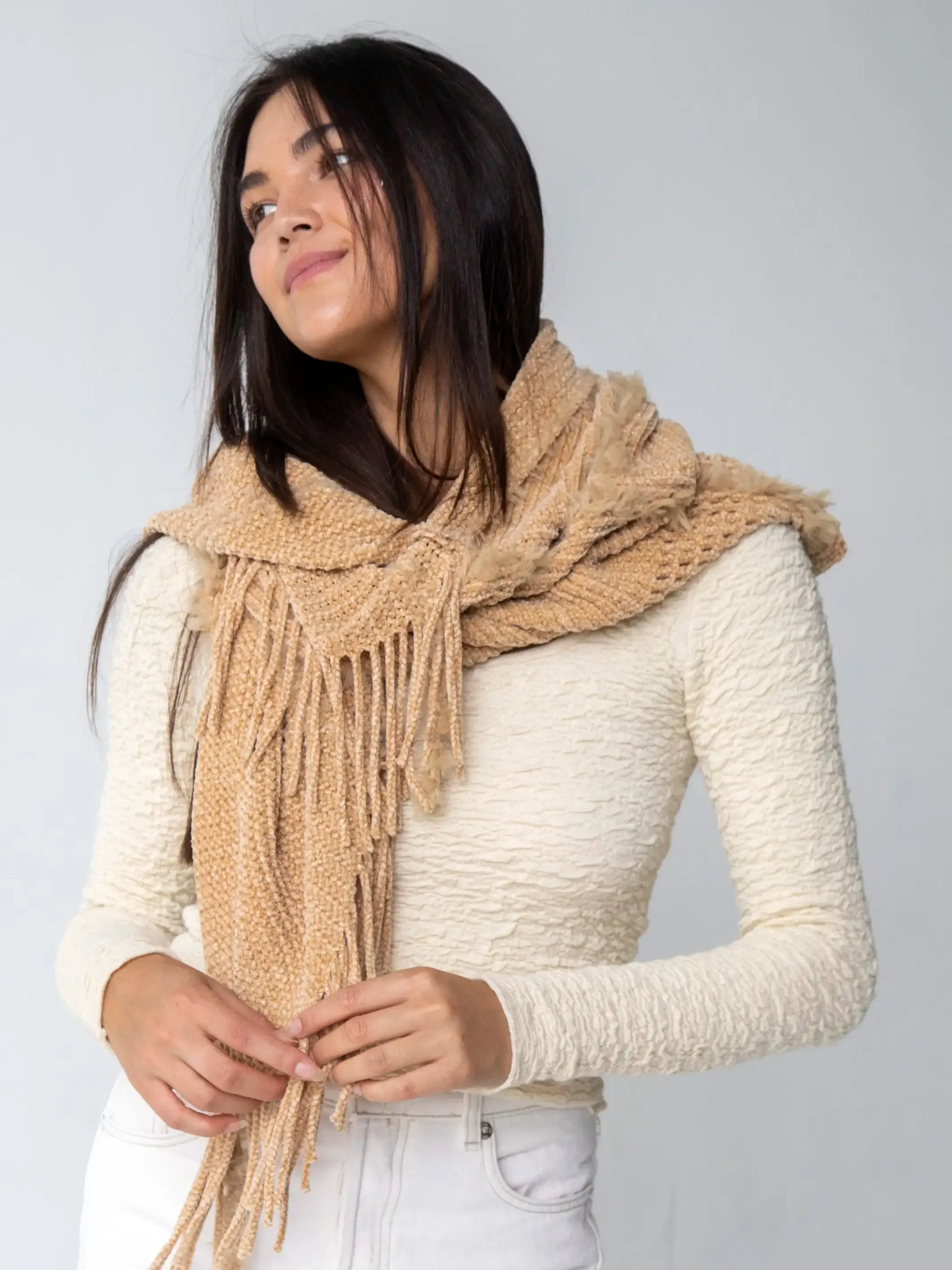 Chenille Poncho Scarf - Tan