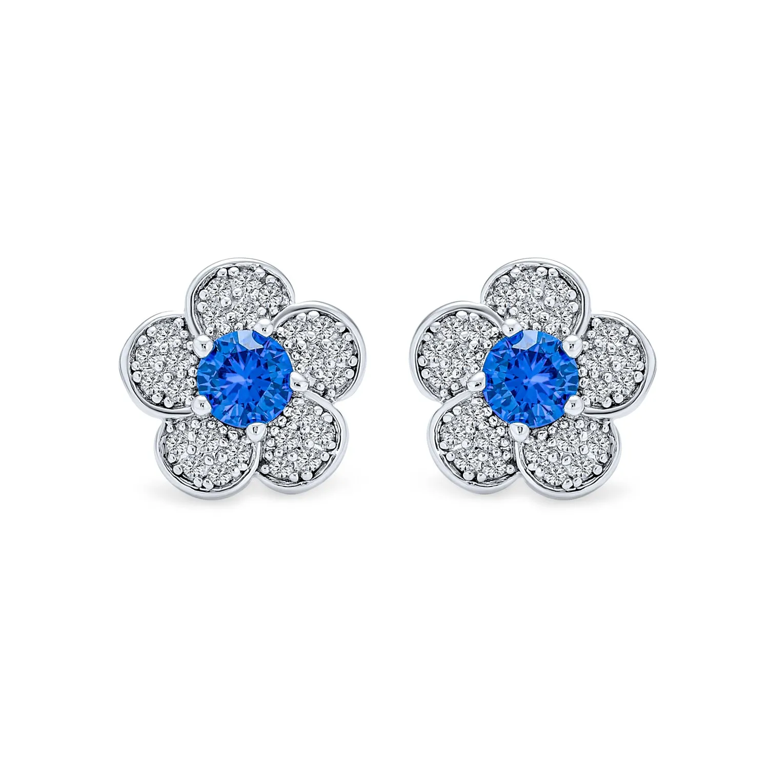 Flower Petals CZ Stud Earrings with Simulated Sapphire Center in Silver Brass