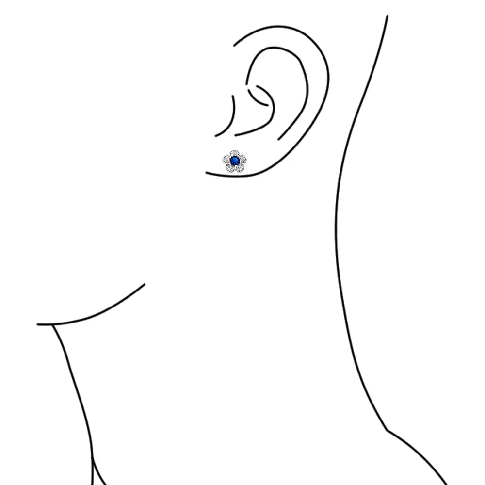 Flower Petals CZ Stud Earrings with Simulated Sapphire Center in Silver Brass