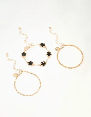 Gold Black Flower & Chain Bracelets 3-Pack