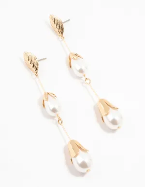 Gold Leaf Triple Pearl Drop Earrings