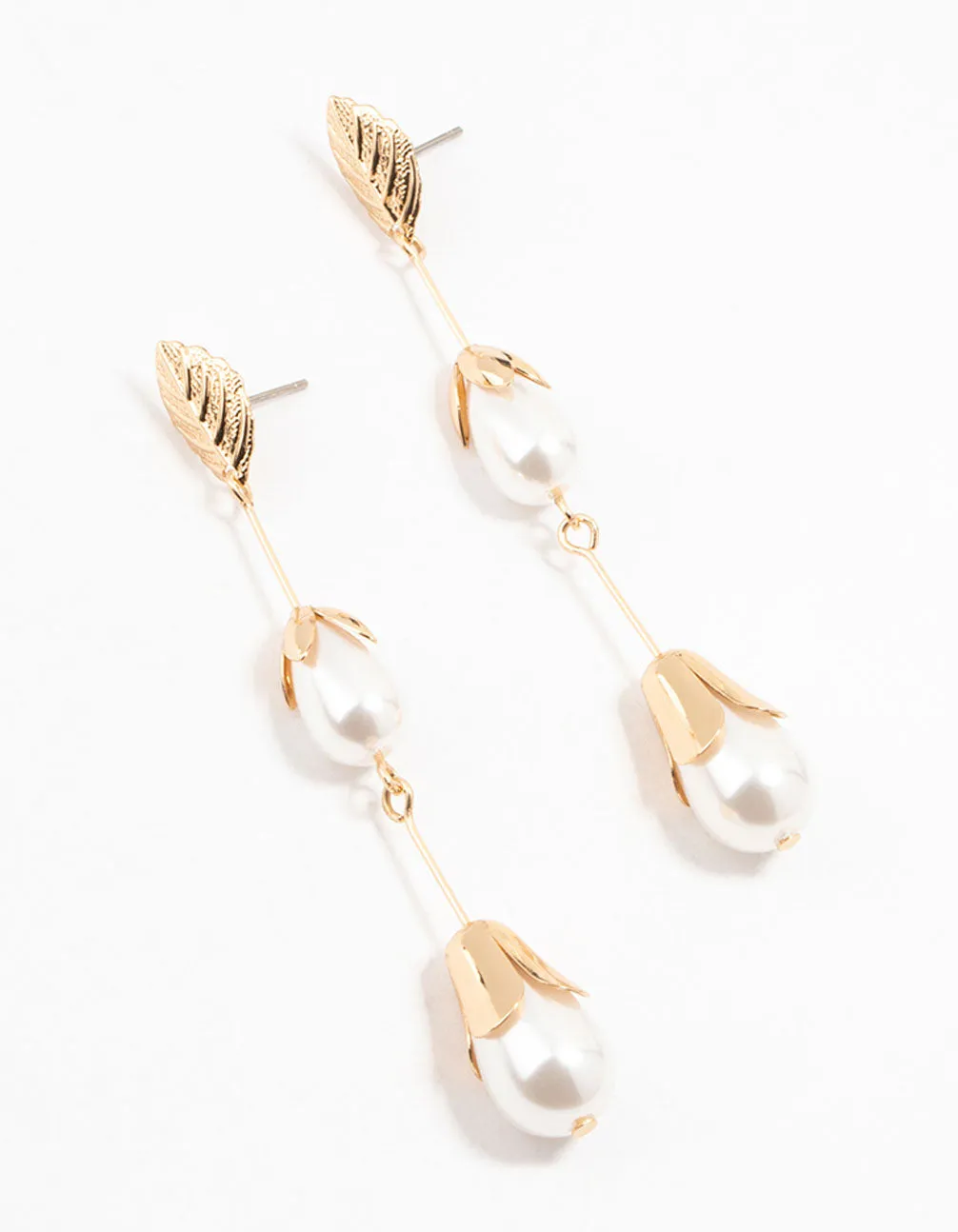 Gold Leaf Triple Pearl Drop Earrings