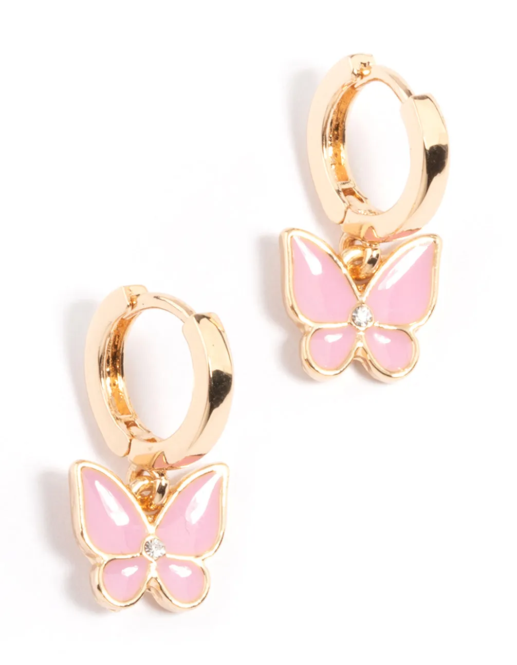 Gold Pink Enamel Butterfly Huggie Earrings