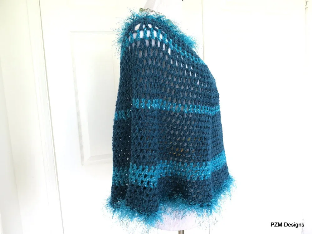 Large Blue Circle Poncho with Fur Trim, Hippie Crochet Poncho