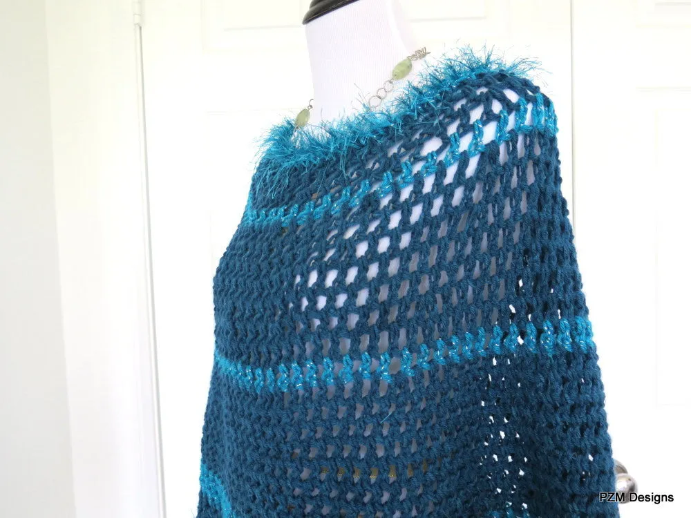 Large Blue Circle Poncho with Fur Trim, Hippie Crochet Poncho