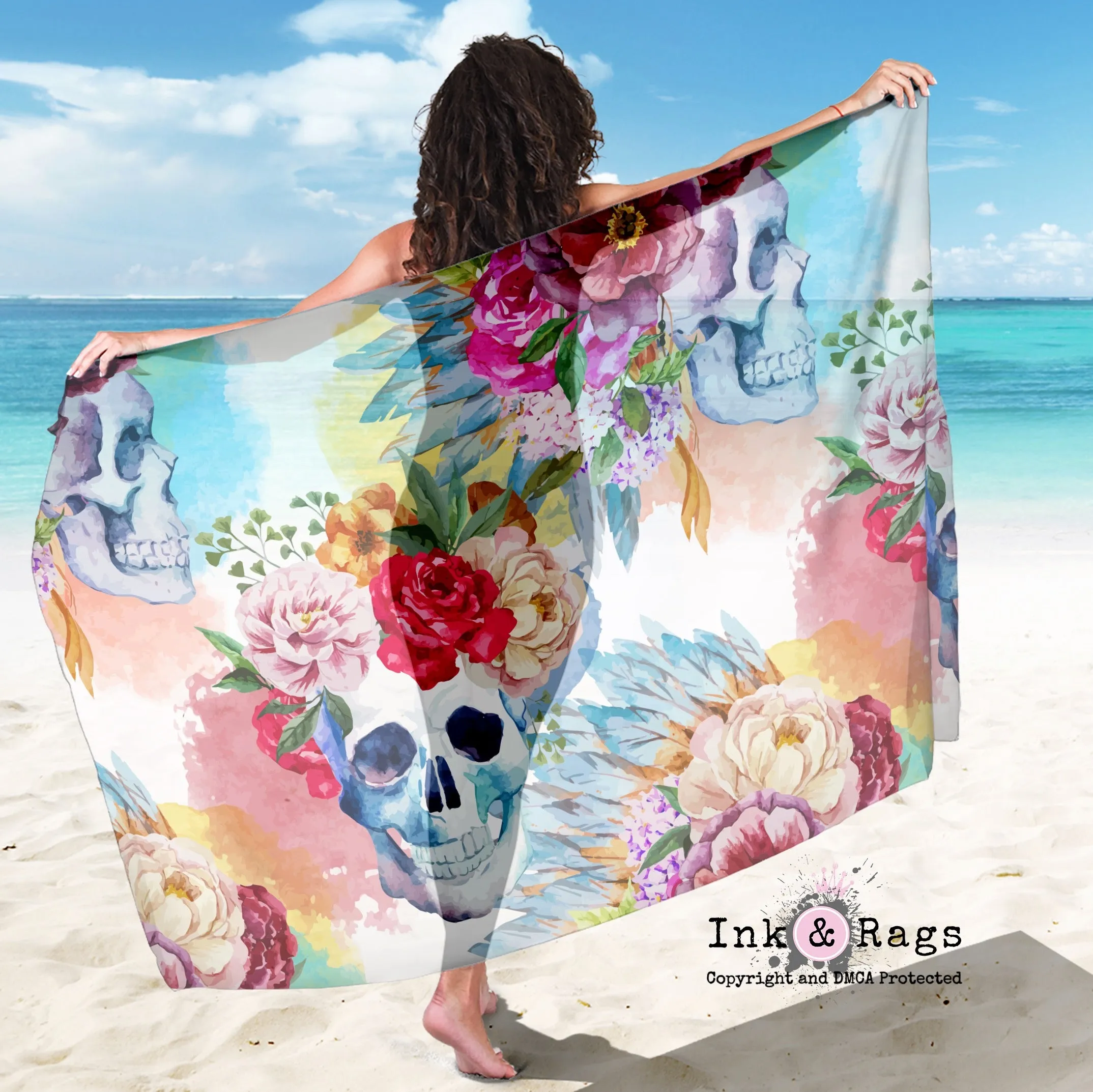 Large Sheer Colorful Large Print Bohemian Skull and Flower Scarf, Sarong, Shawl