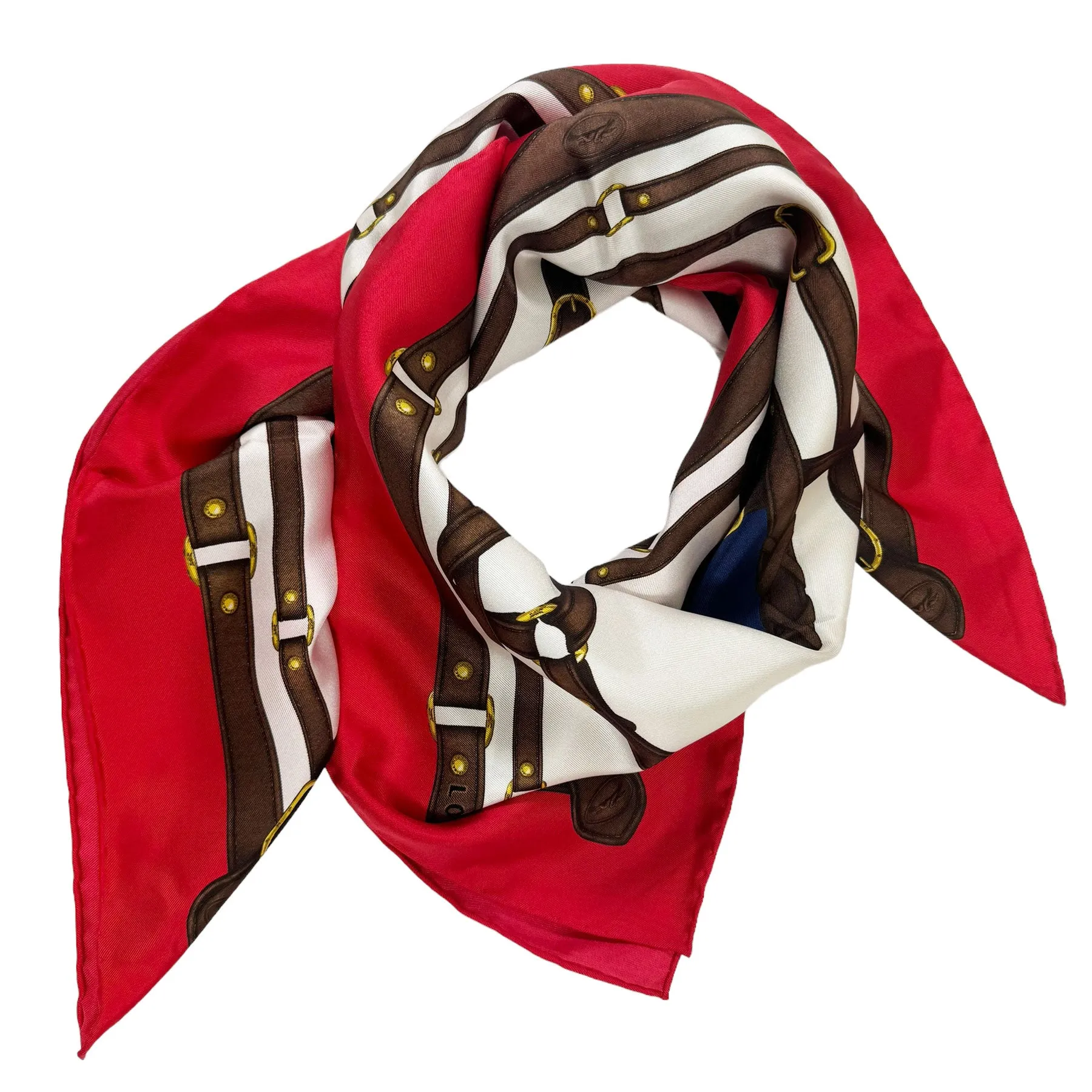 Longchamp Paris Scarf Red Brown Navy Equestrian Design - Silk Square Foulard