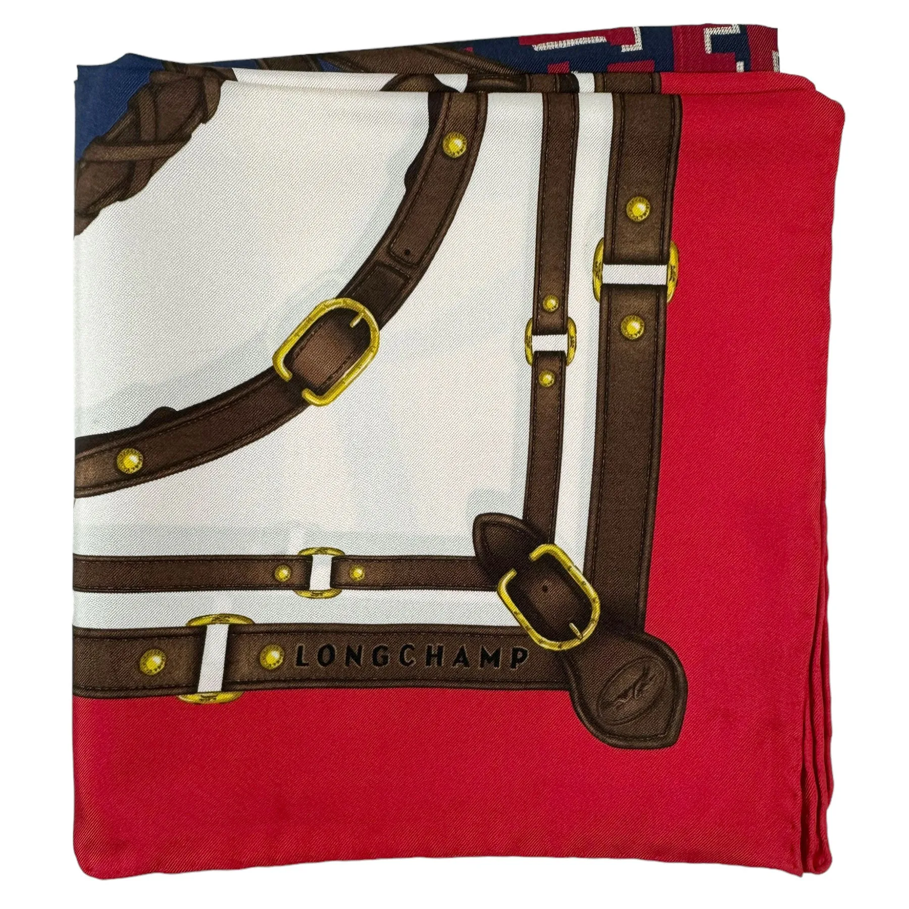 Longchamp Paris Scarf Red Brown Navy Equestrian Design - Silk Square Foulard