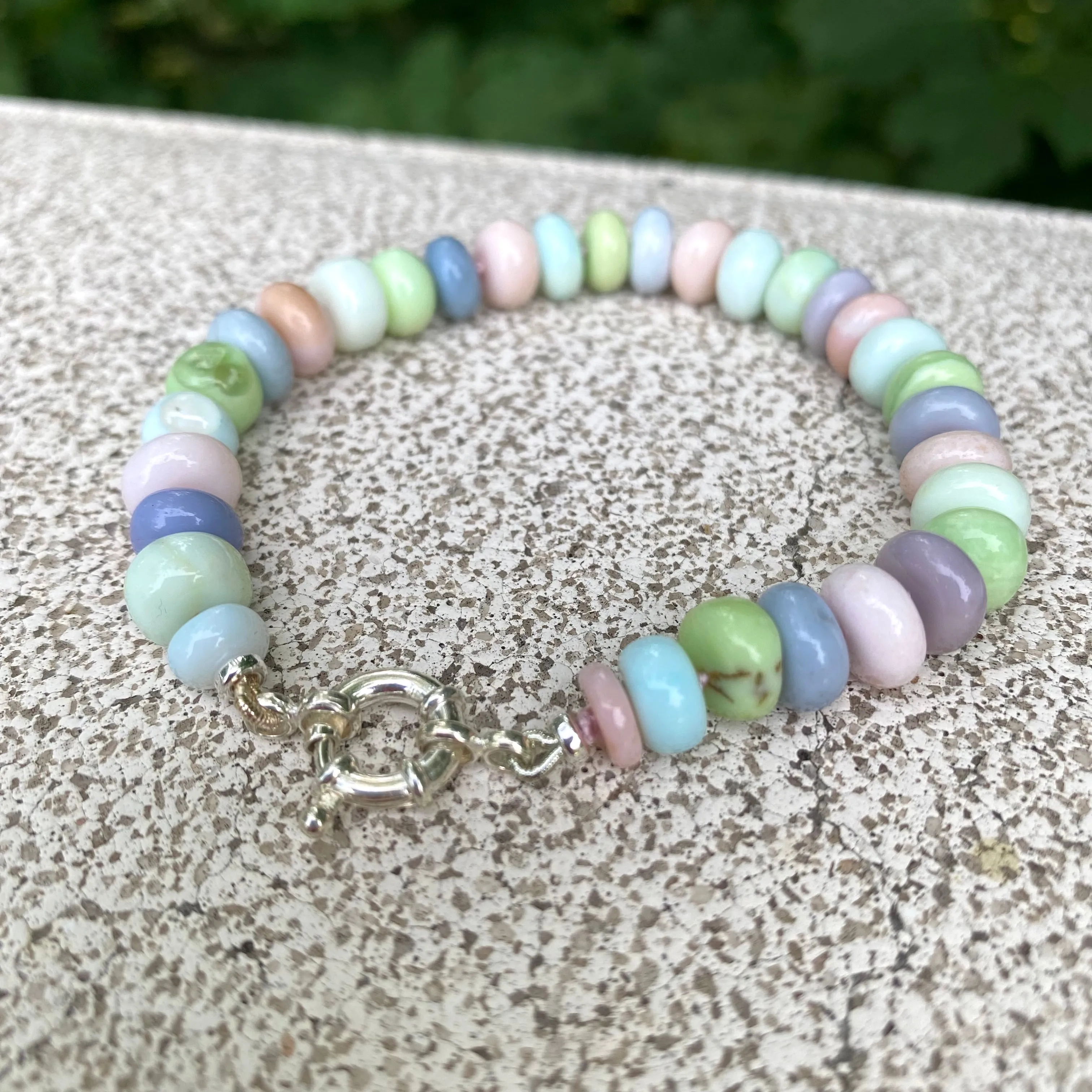 Multi Color Pastel Peruvian Opal Candy Bracelet, Sterling Silver Marine Clasp