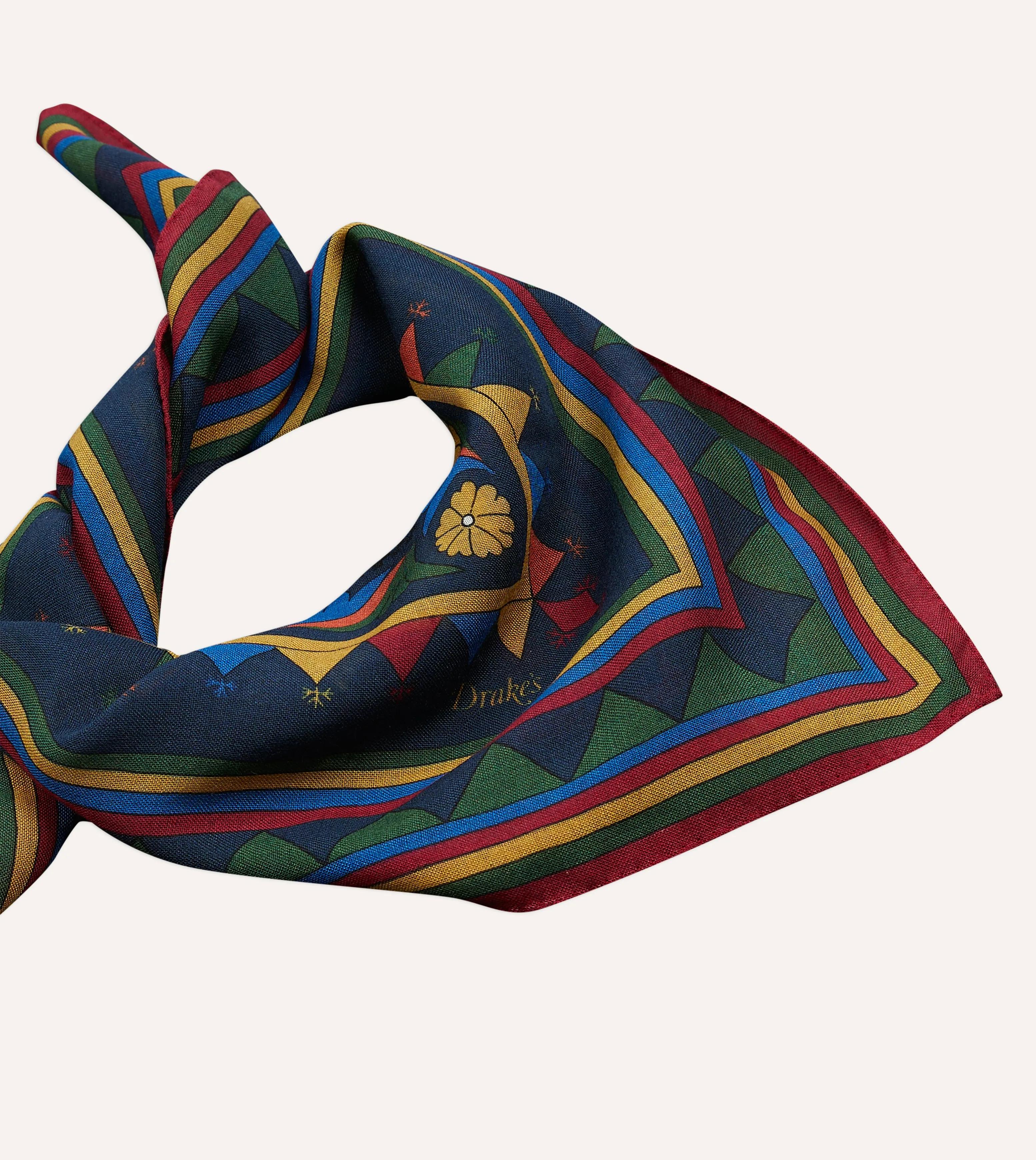 Navy Buddhist Rider Print Wool-Silk Bandana