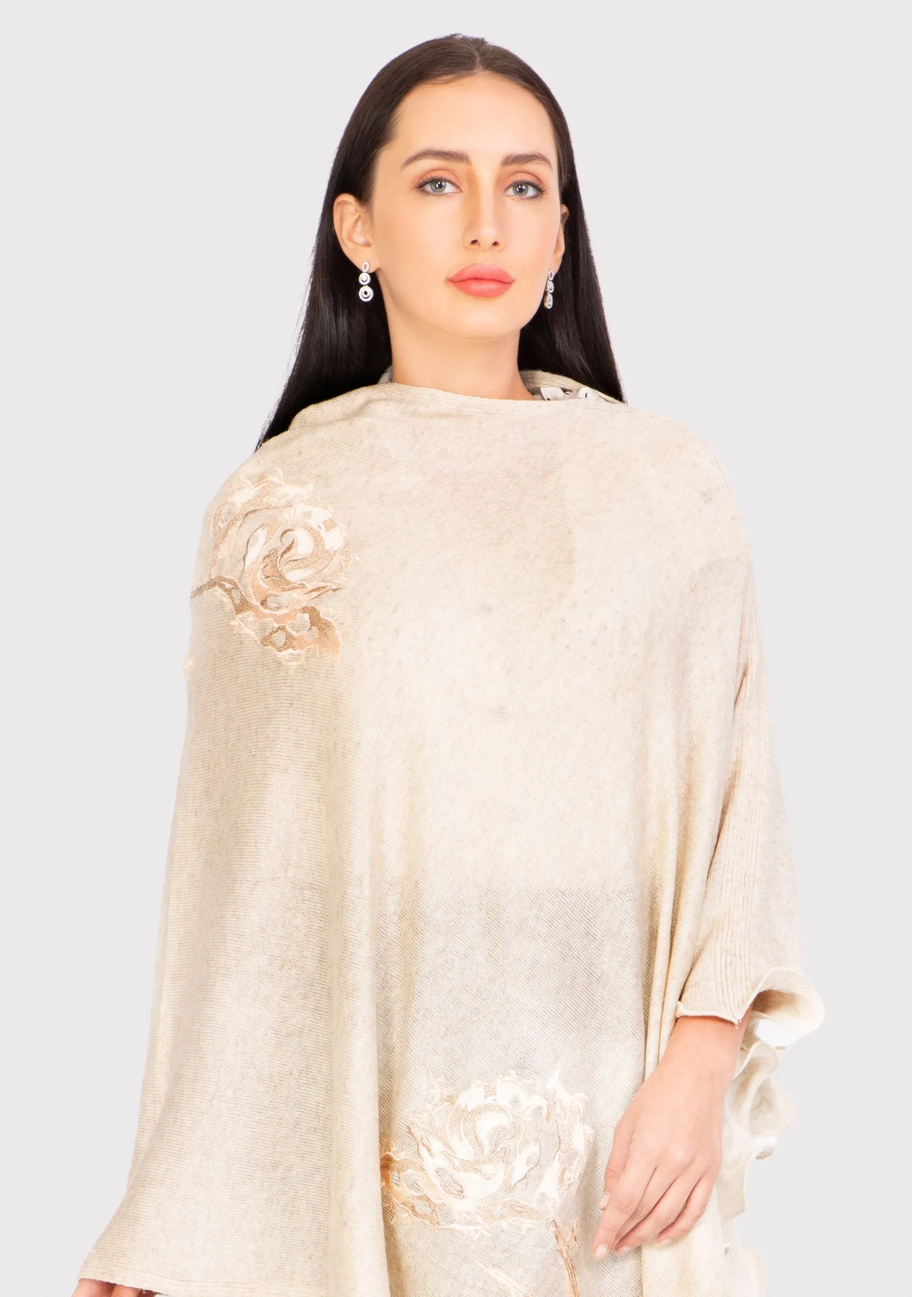 Oatmeal Melange Knitted Fine Wool Poncho with Lt. Peach Rose Appliques