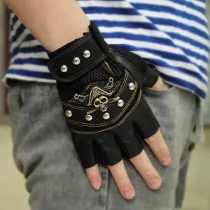 PU Leather Skull Punk Black Driving Motorcycle Biker Fingerless Gloves Mens Womens Gloves Gift