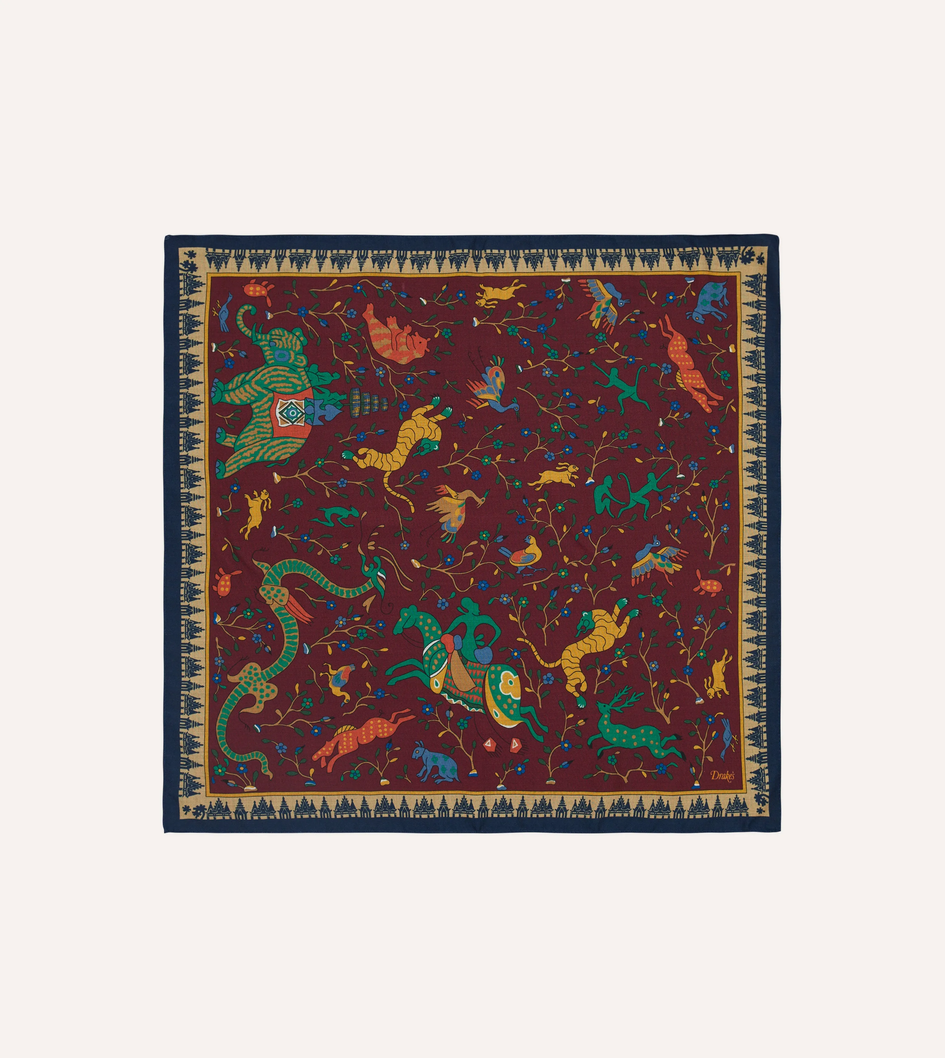 Red Mythical Animals Print Wool-Silk Bandana