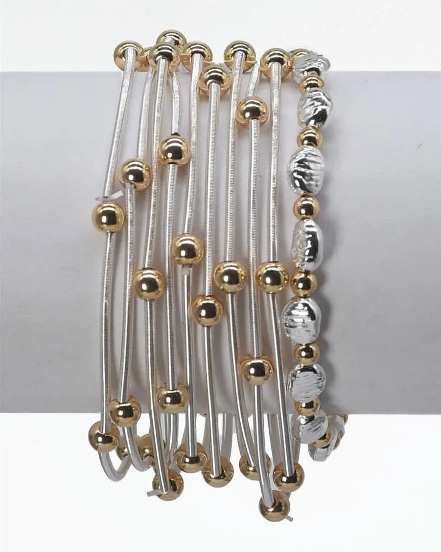 Set of 10 Silver Wired Stretch Bracelets with Gold Beaded Accents