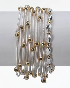 Set of 10 Silver Wired Stretch Bracelets with Gold Beaded Accents