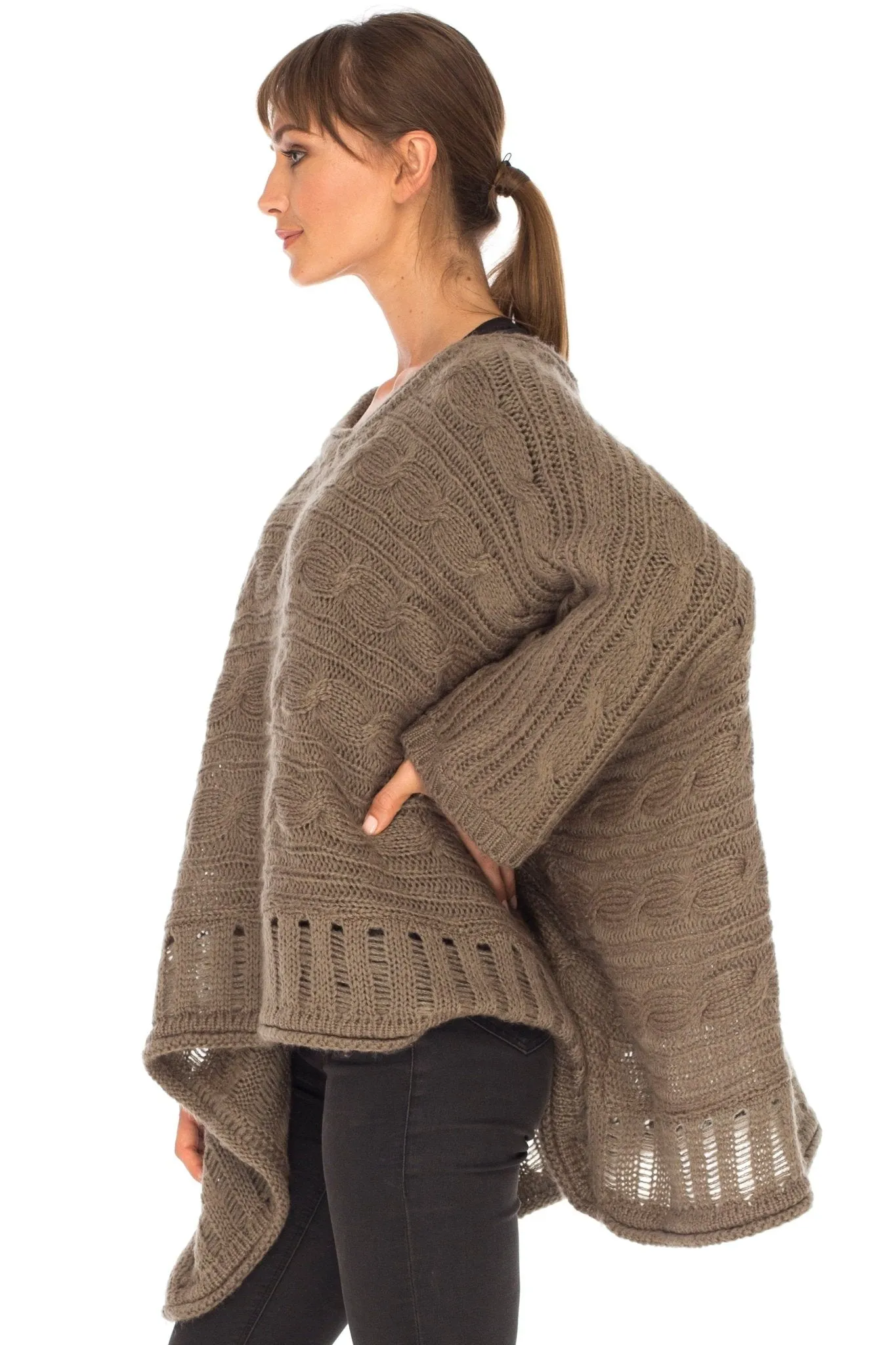 SHU-SHI Women's Boho Oversized Cable Knit Cowl Neck Sweater Poncho Topper