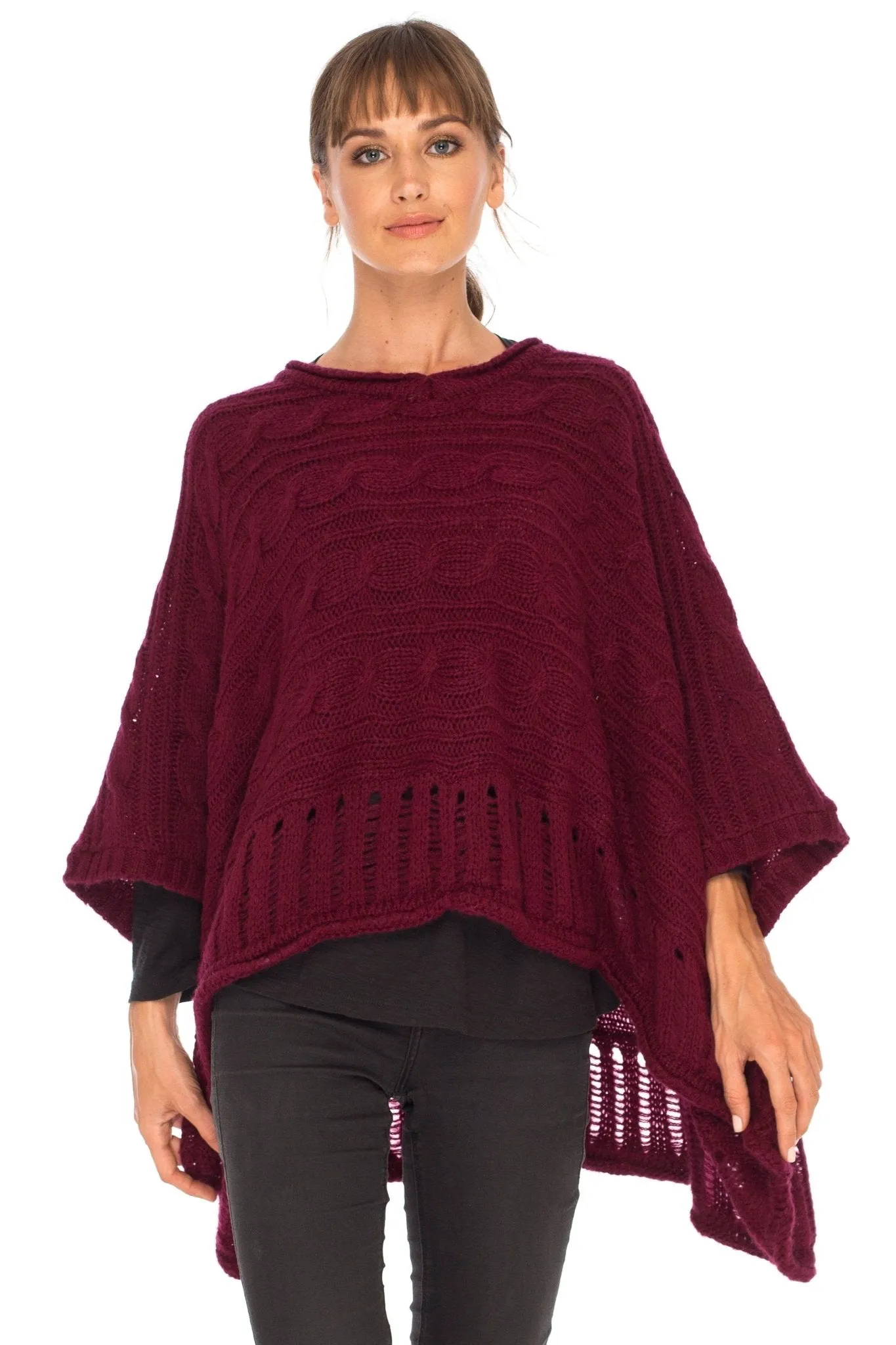 SHU-SHI Women's Boho Oversized Cable Knit Cowl Neck Sweater Poncho Topper