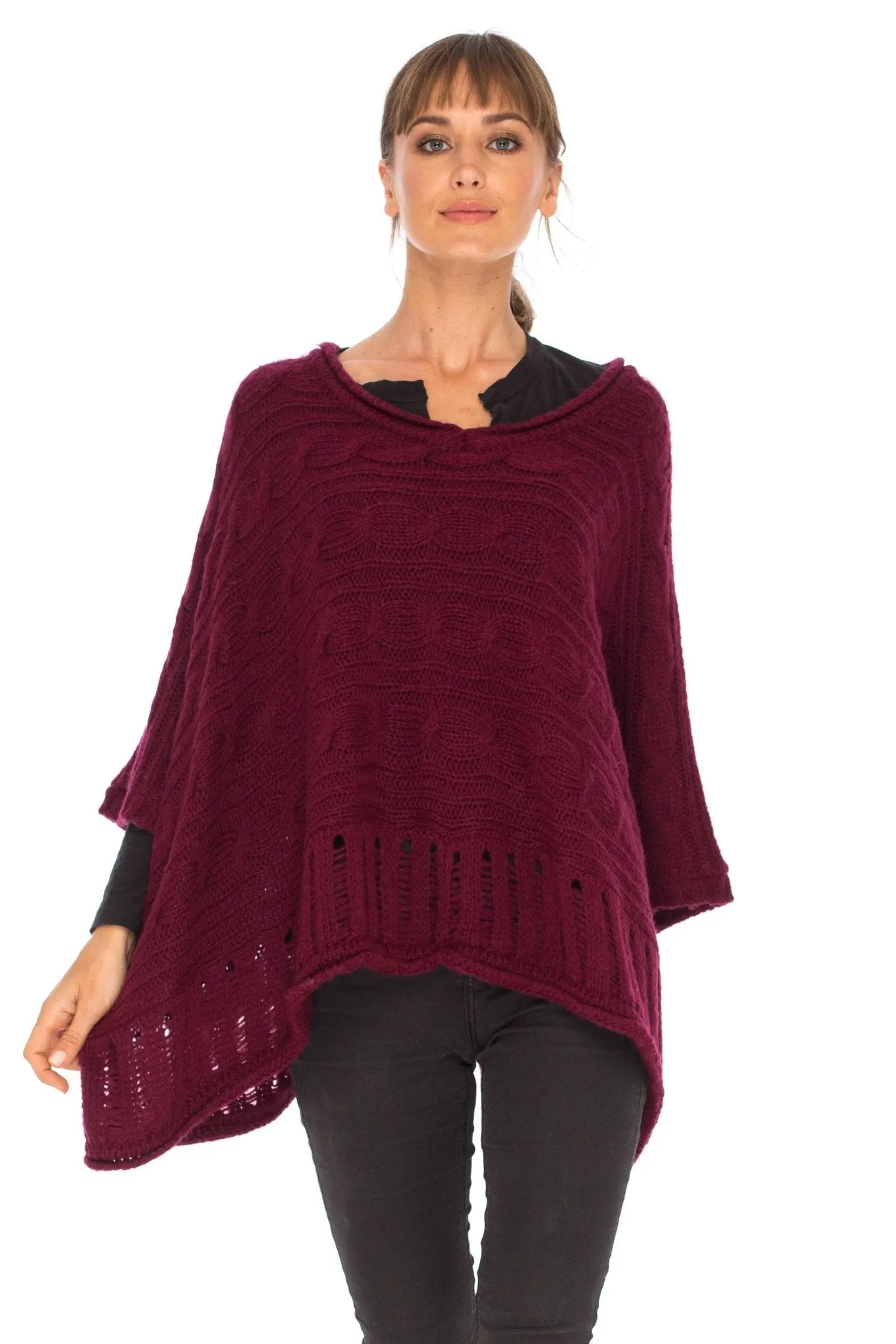 SHU-SHI Women's Boho Oversized Cable Knit Cowl Neck Sweater Poncho Topper