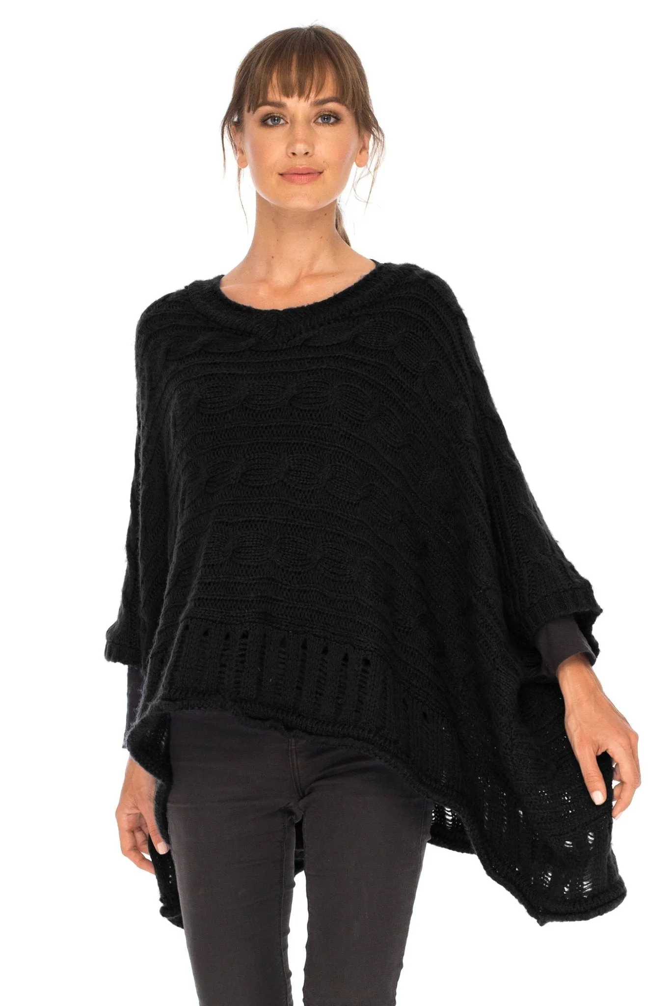 SHU-SHI Women's Boho Oversized Cable Knit Cowl Neck Sweater Poncho Topper