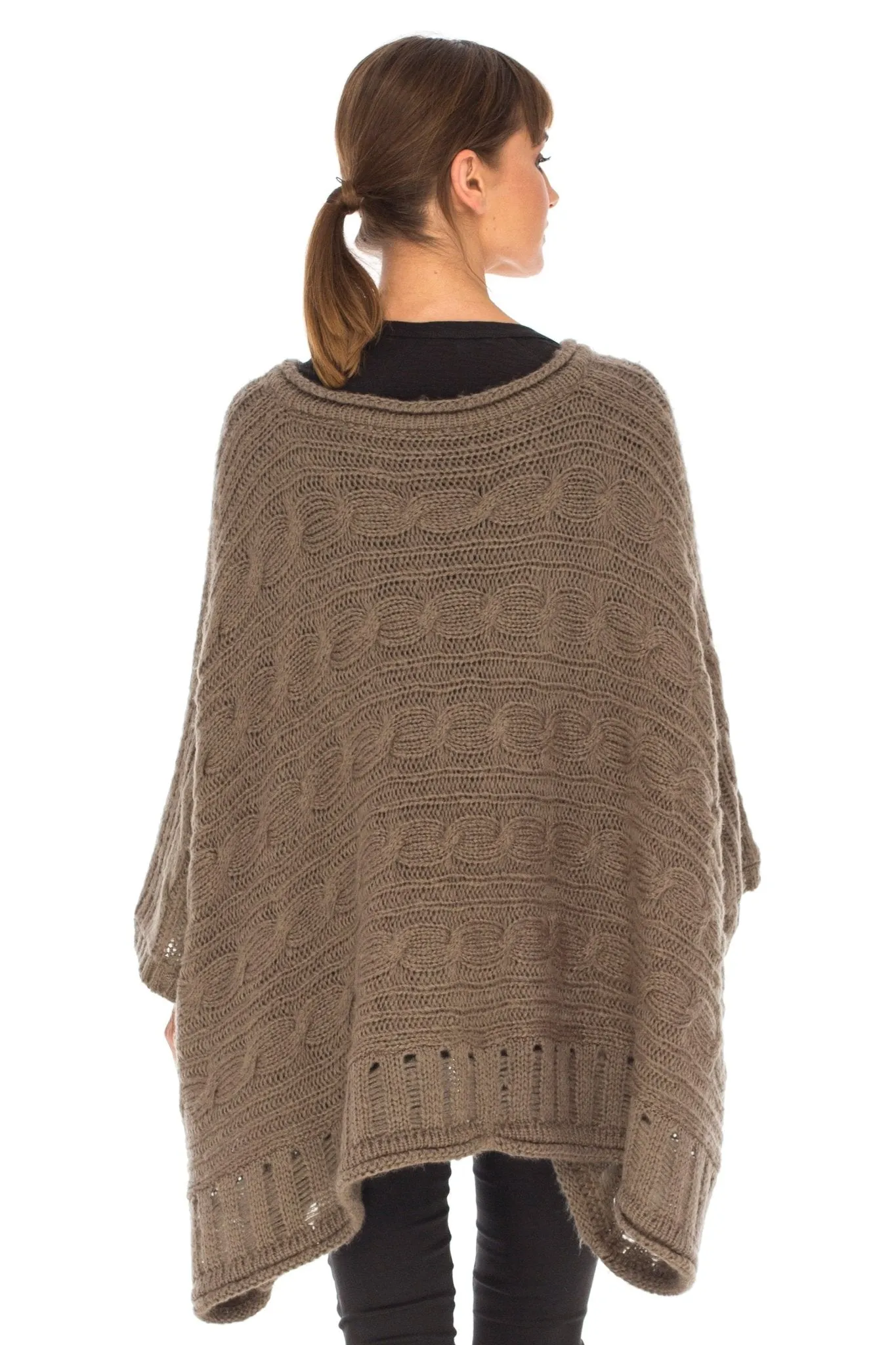 SHU-SHI Women's Boho Oversized Cable Knit Cowl Neck Sweater Poncho Topper