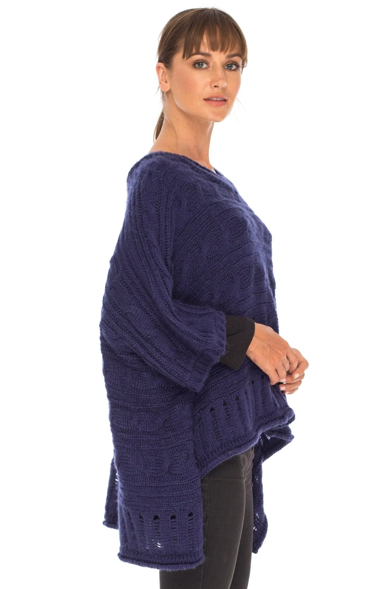 SHU-SHI Women's Boho Oversized Cable Knit Cowl Neck Sweater Poncho Topper