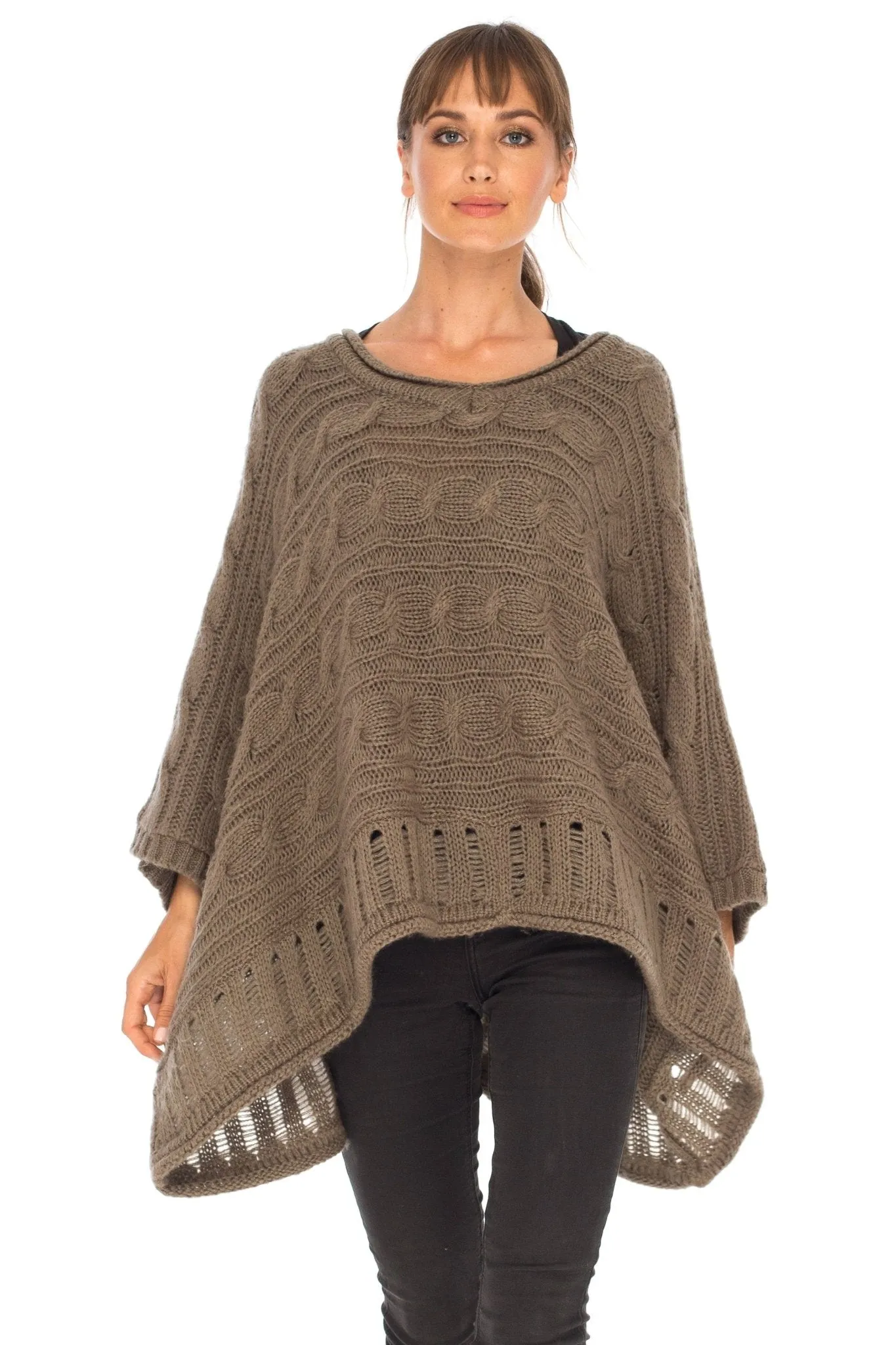 SHU-SHI Women's Boho Oversized Cable Knit Cowl Neck Sweater Poncho Topper