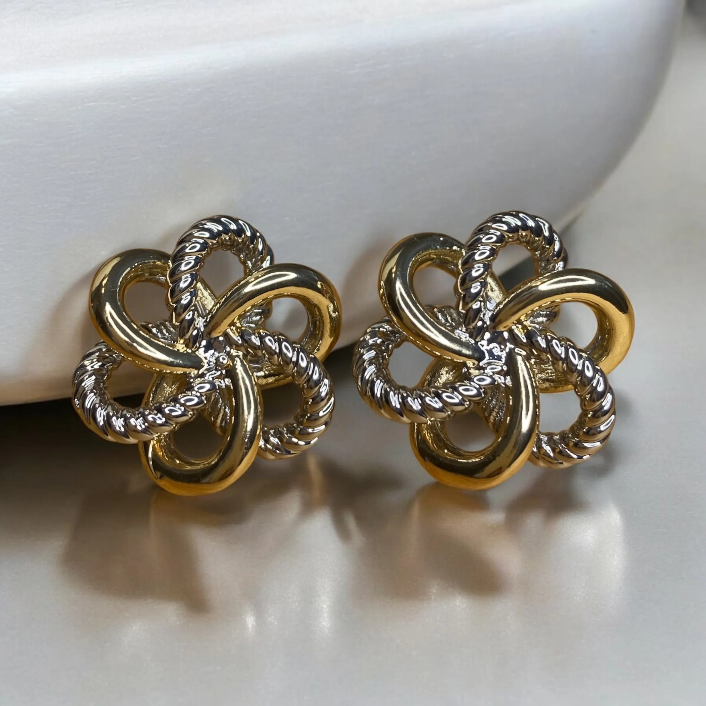 Silver Textured Chainlink and Gold Flower Earrings