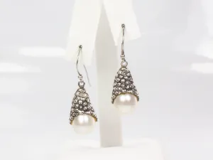 Vintage Sterling Silver Pearl Floral Dangle Earrings, Teardrop Shaped 925 White Pearl Drop Earrings with Ear Wires