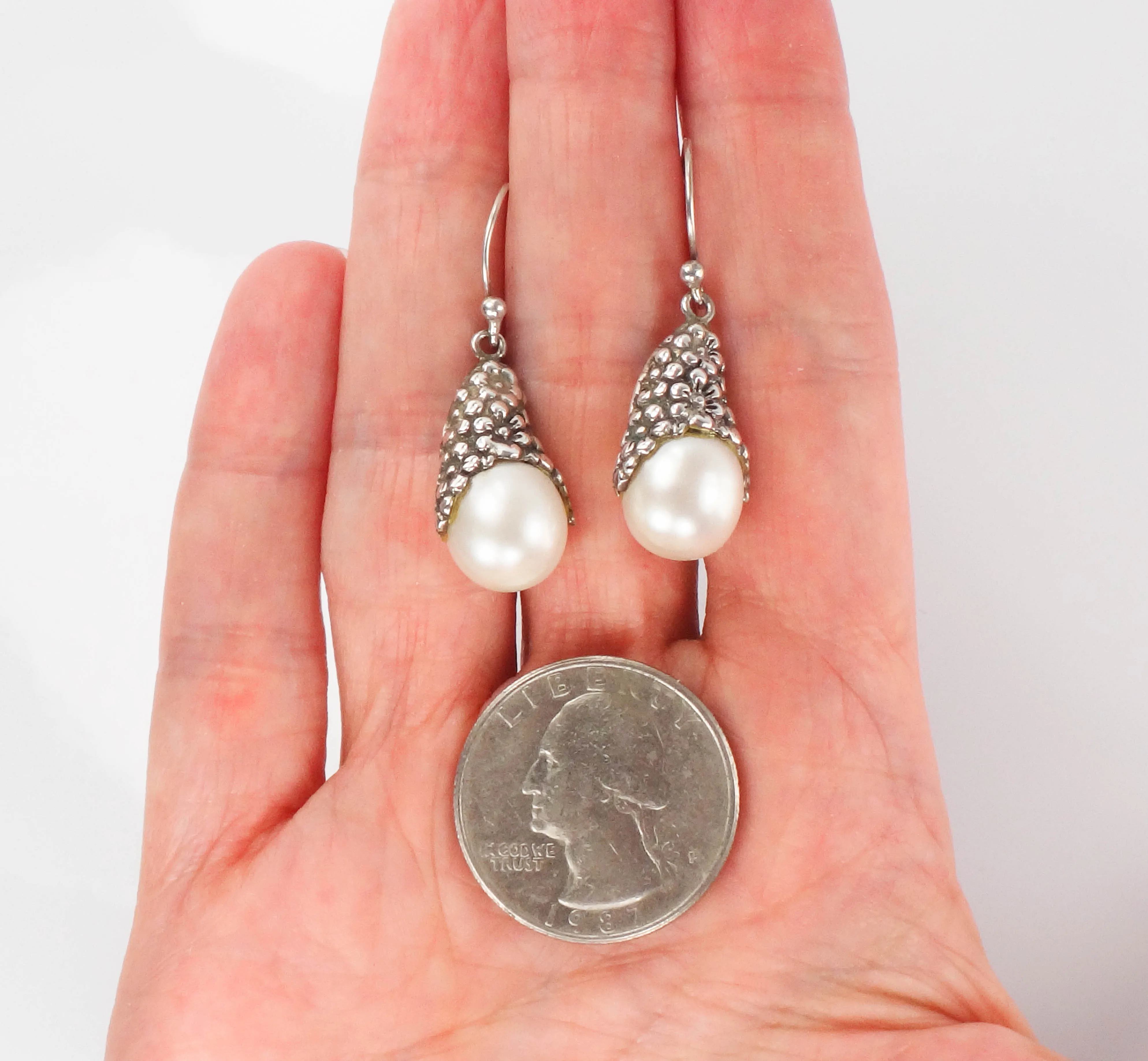 Vintage Sterling Silver Pearl Floral Dangle Earrings, Teardrop Shaped 925 White Pearl Drop Earrings with Ear Wires