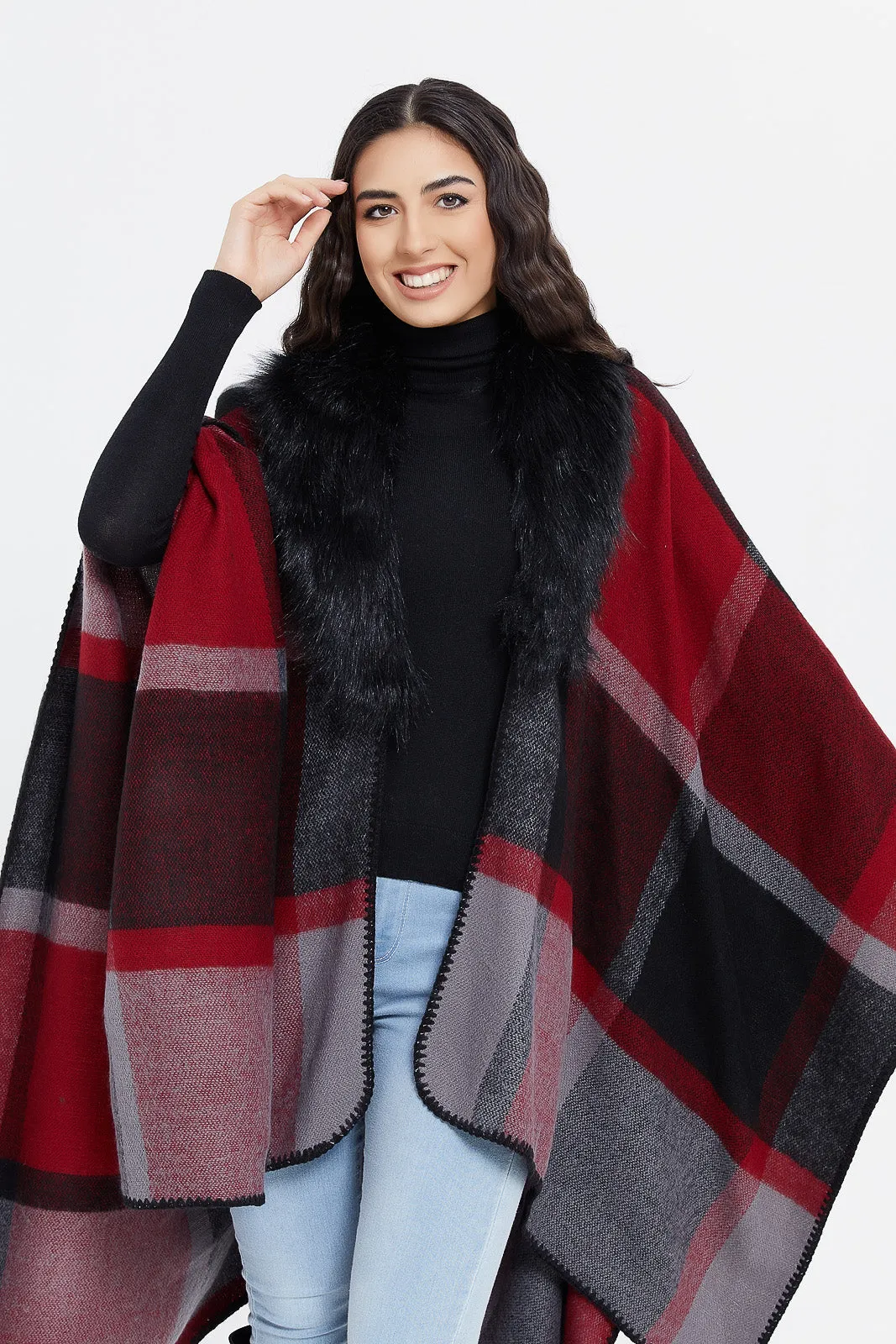 Women Assorted Checked Poncho With Fur Trim