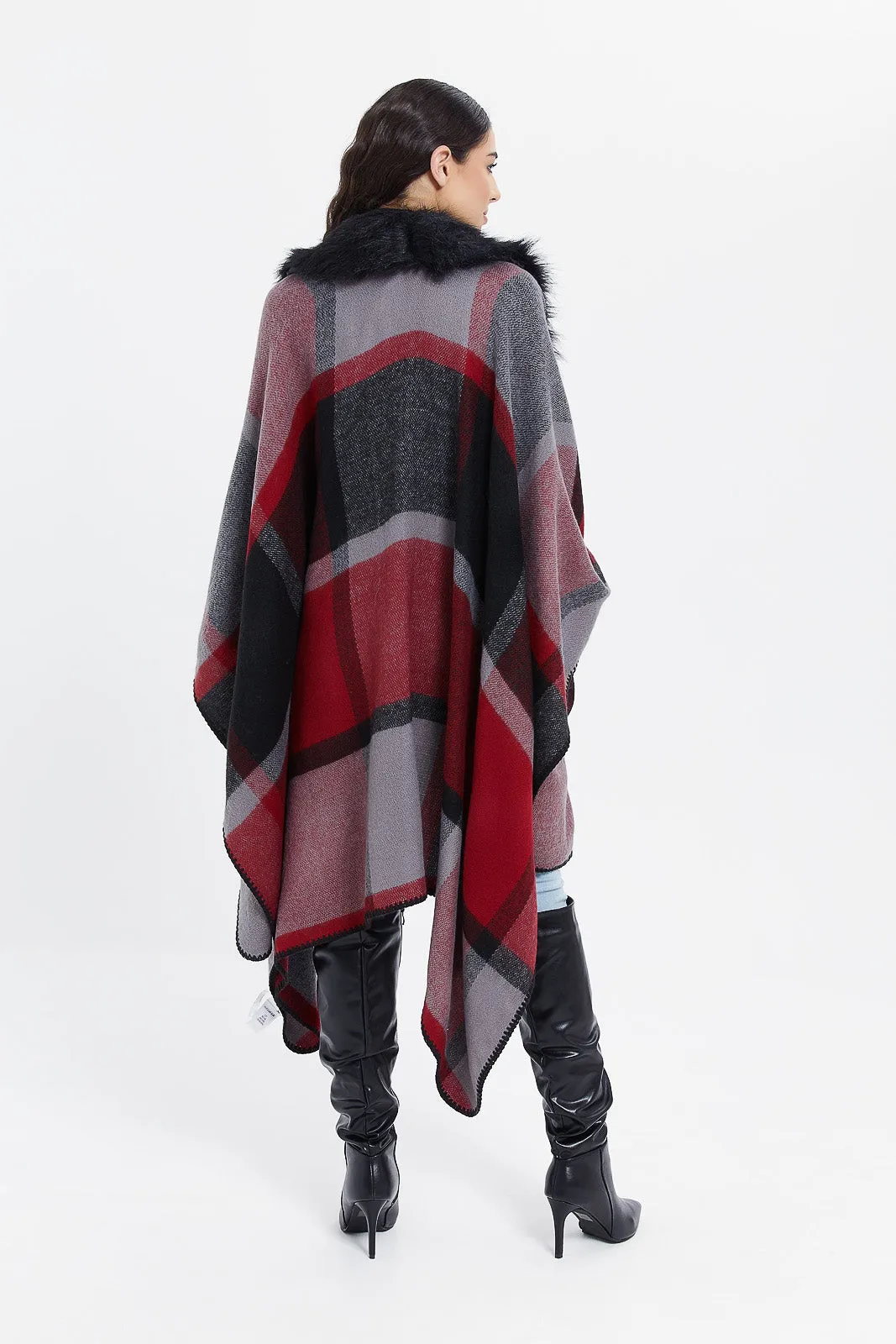 Women Assorted Checked Poncho With Fur Trim