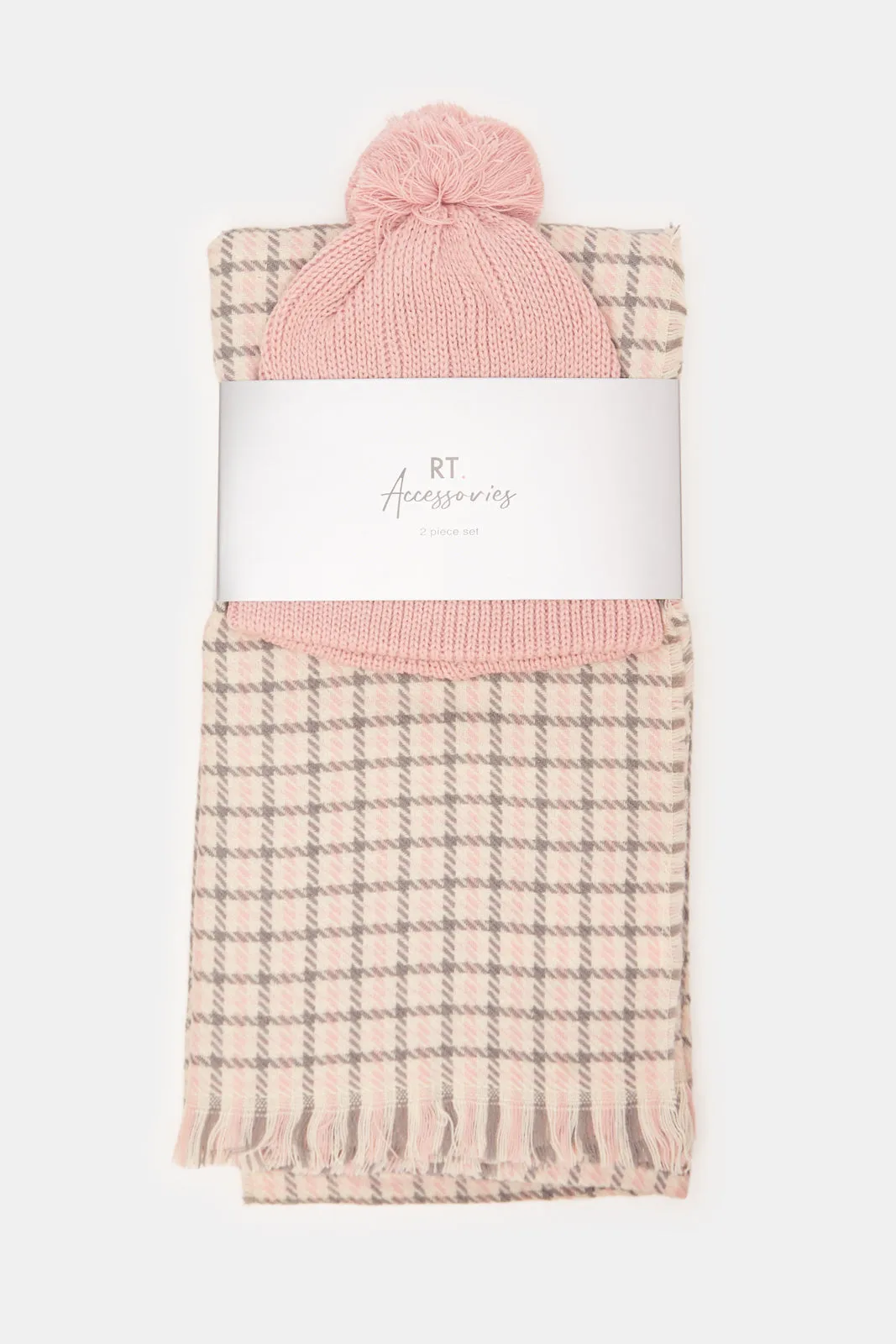 Women Pink Check Knitted Scarf Set (2 Piece)