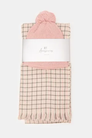 Women Pink Check Knitted Scarf Set (2 Piece)