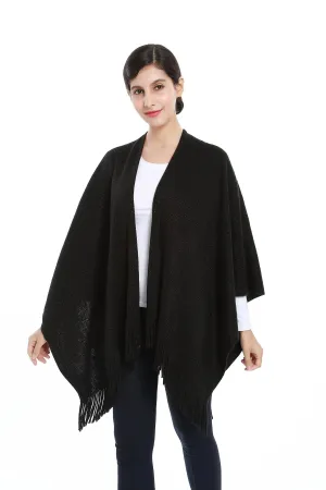 Women's Knitted Kimono Cardigan Cape Solid Black with Golden Threads CAR202