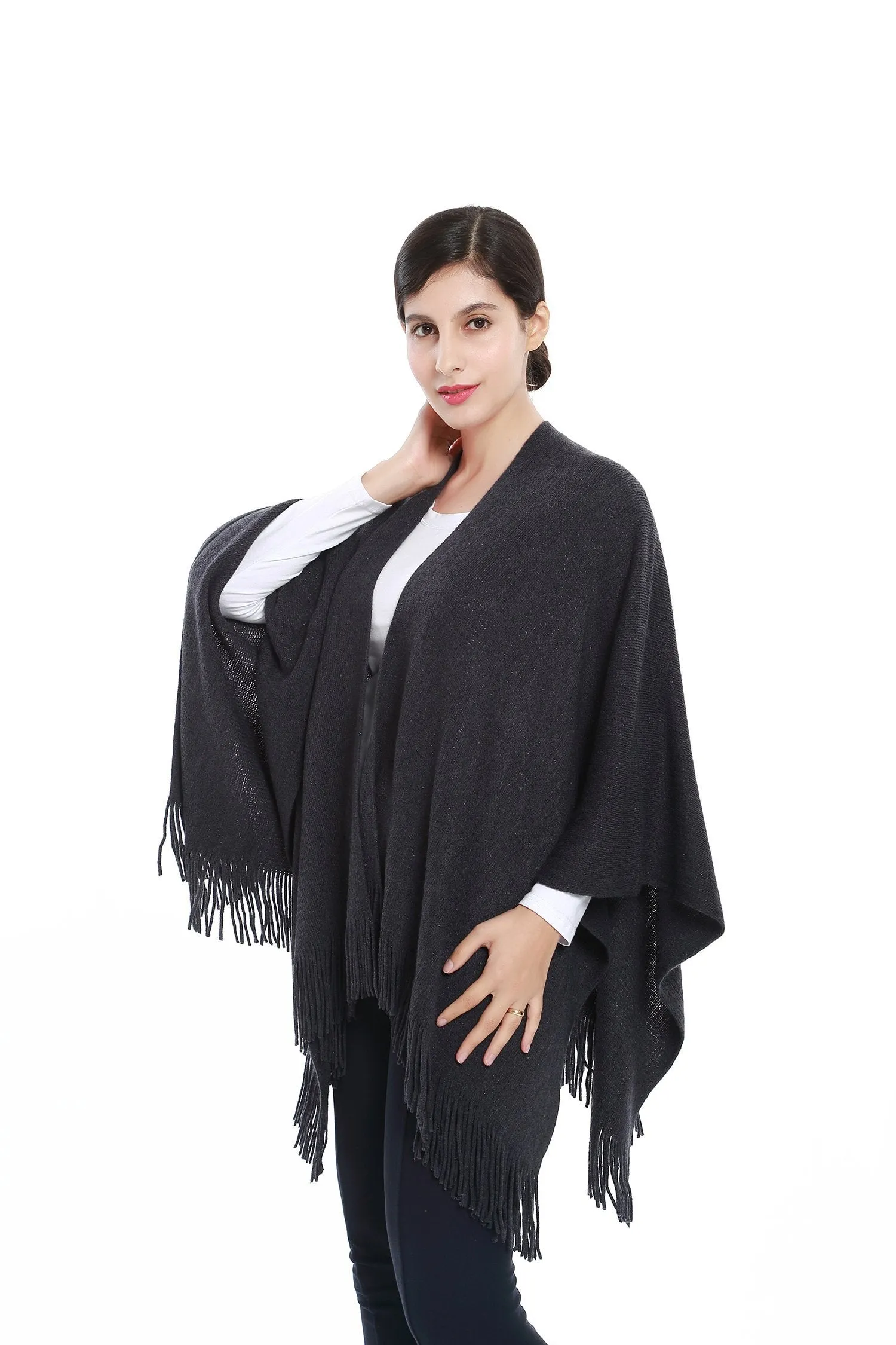 Women's Knitted Kimono Cardigan Cape Solid Dark Gray with Golden Threads CAR204