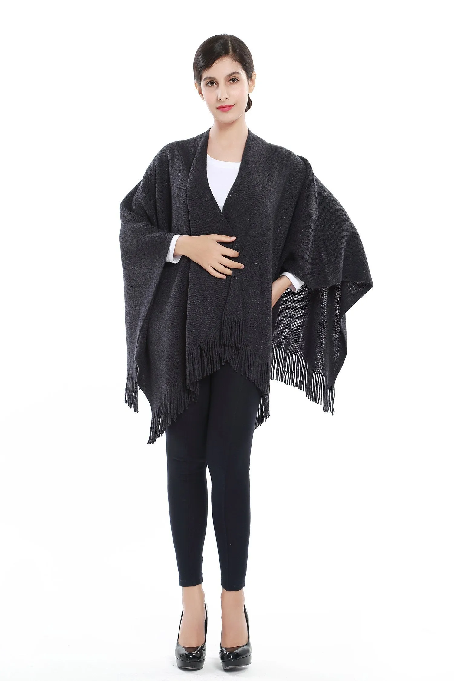 Women's Knitted Kimono Cardigan Cape Solid Dark Gray with Golden Threads CAR204