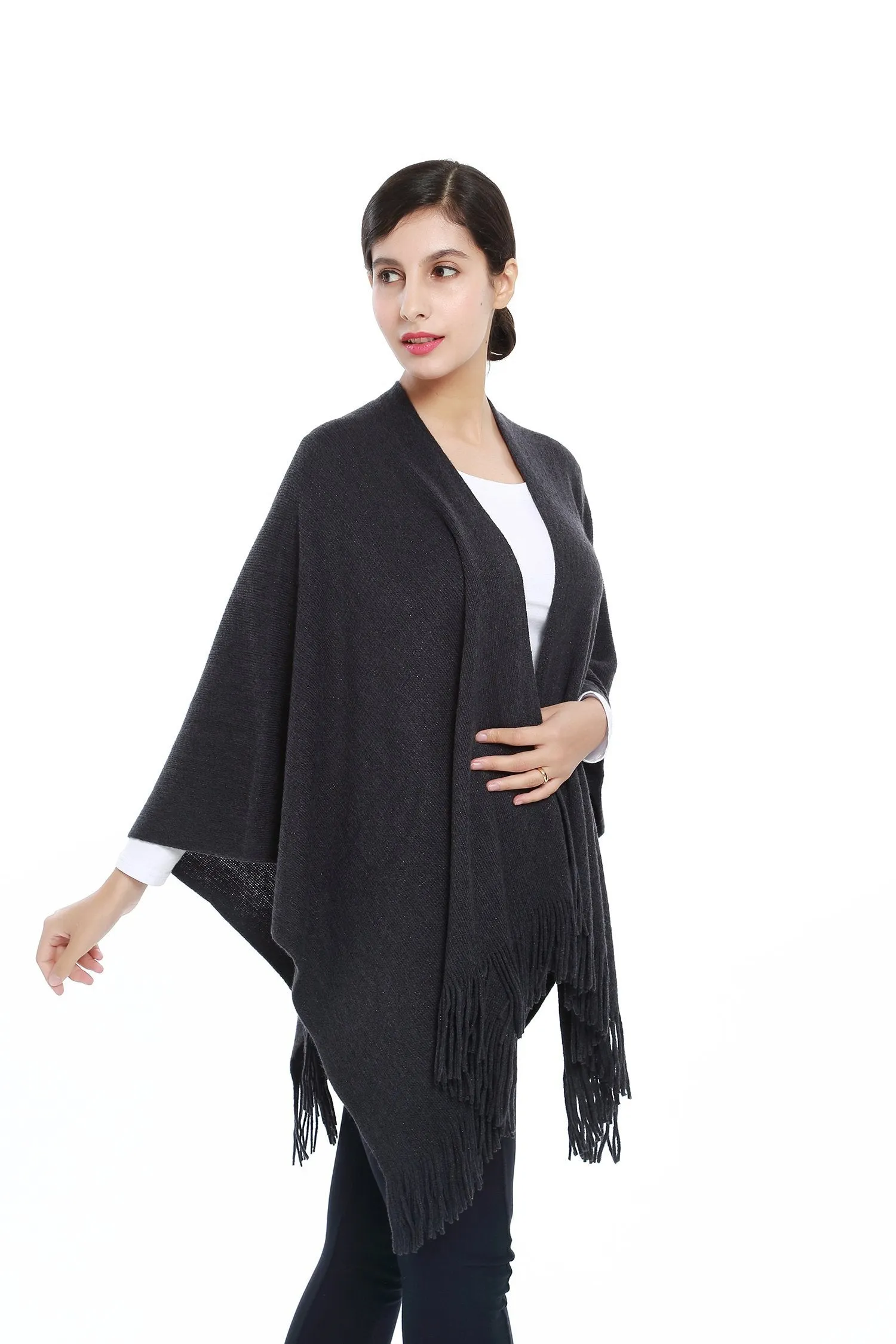 Women's Knitted Kimono Cardigan Cape Solid Dark Gray with Golden Threads CAR204